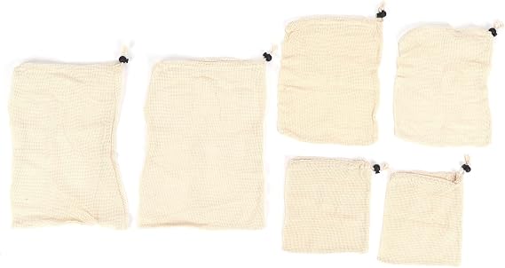 6Pcs Drawstring Storage Bag, Reusable Cotton Mesh Bags for Fruits Vegetables, Multi - Function Food Filter Bags with Wooden Bead Closure, Foldable Laundry Toy Storage Bags for Groc