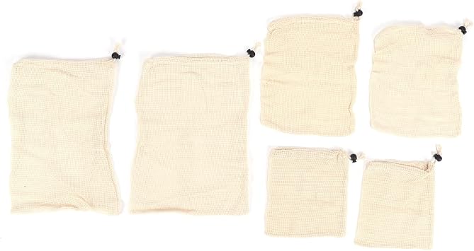 6Pcs Drawstring Storage Bag, Reusable Cotton Mesh Bags for Fruits Vegetables, Multi - Function Food Filter Bags with Wooden Bead Closure, Foldable Laundry Toy Storage Bags for Groc