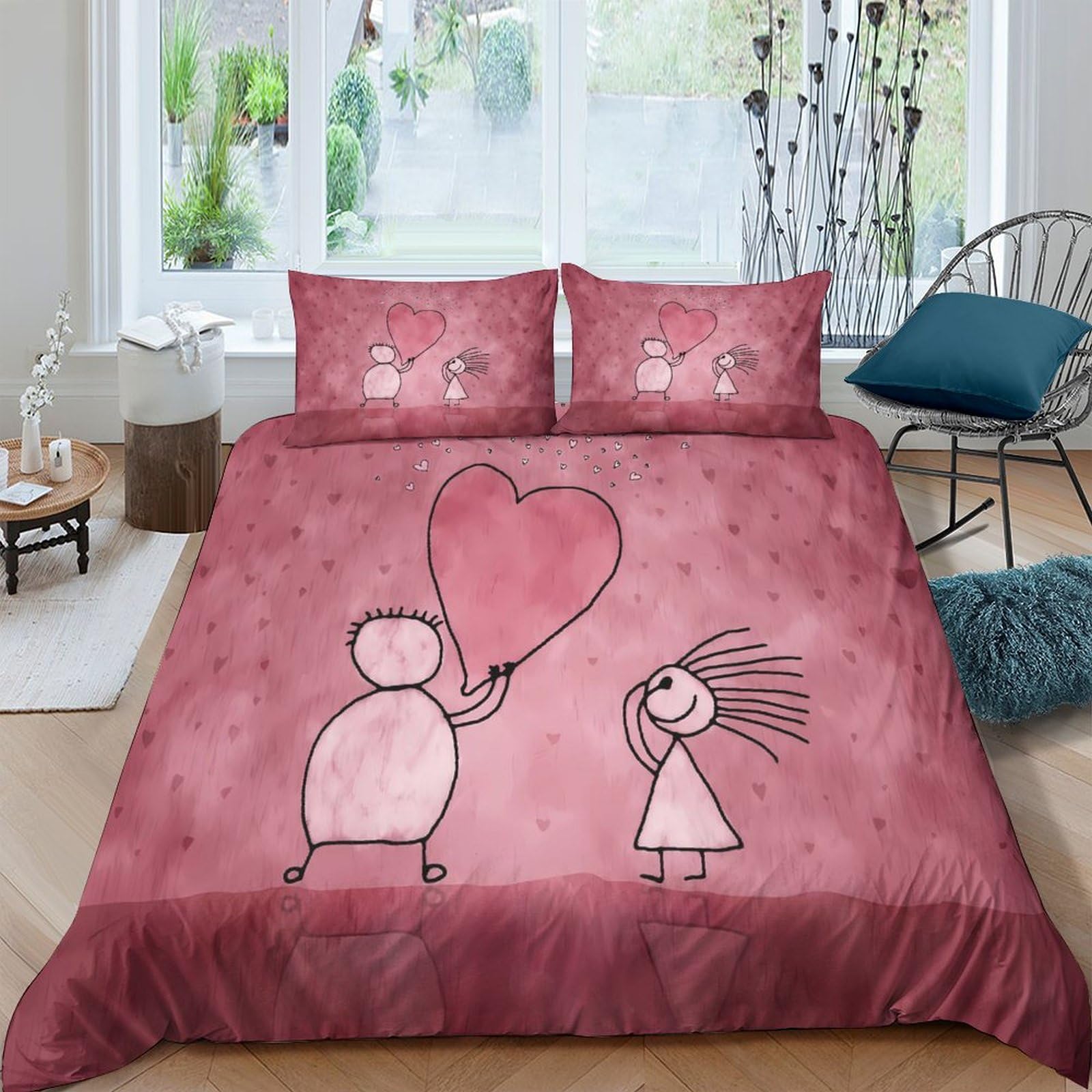 Housse de couette zip 200x200 parure lit coeur rose microfibre sans pli