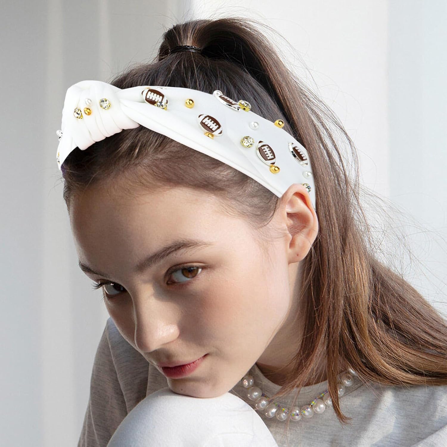 WHAVEL 2PCS Football Headbands for Women Pearl Rhinestone Jeweled Knotted Headband Football Accessories(Black,White) - Image 6