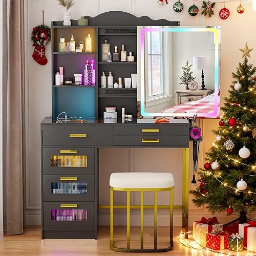 Gurexl Escritorio RGB con espejo deslizante y luces LED, 7 dinámicos y 24 estáticos regulables con parte superior de cristal, tocador con estación