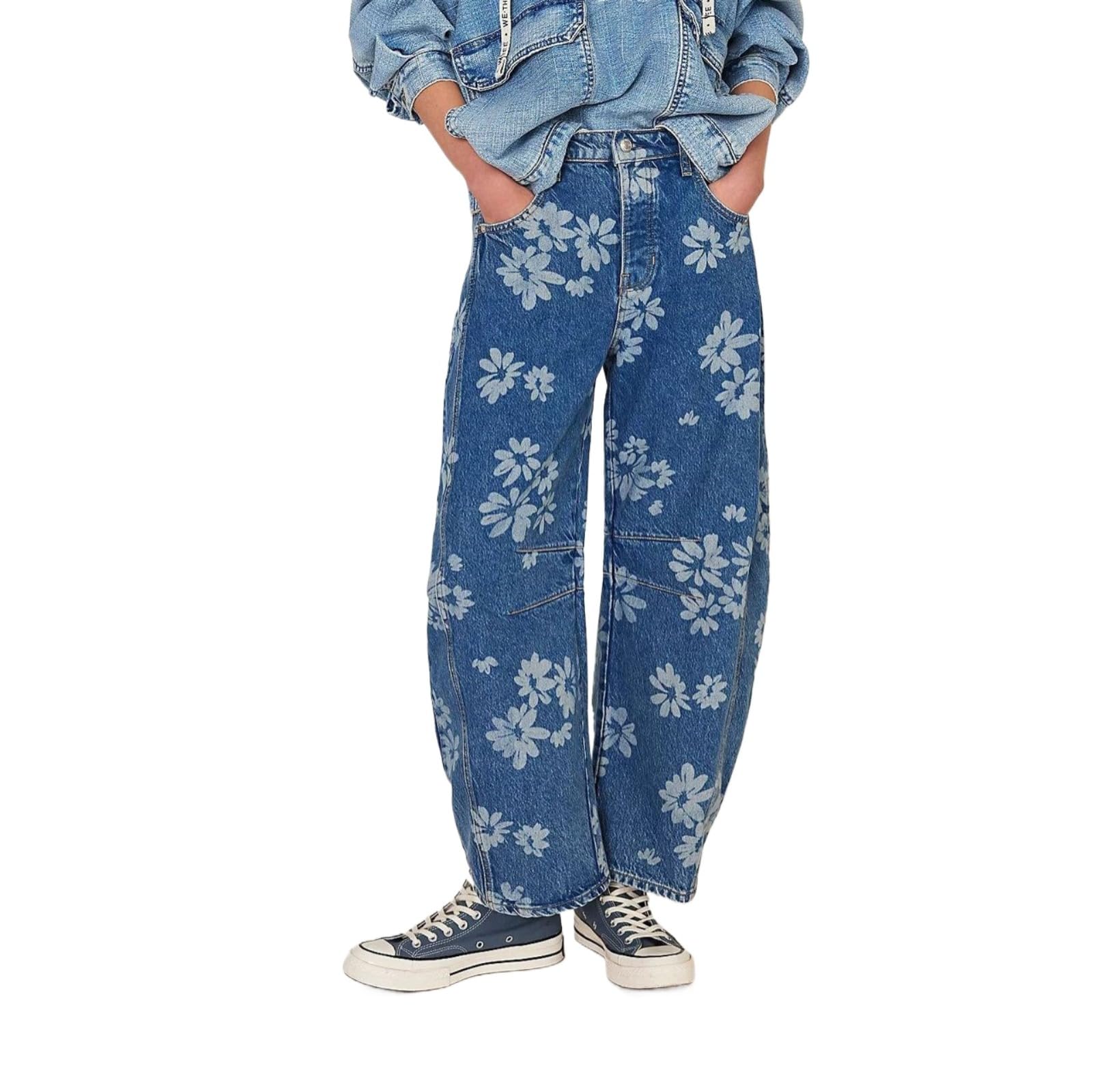 Women's Wide Leg Loose Wide Leg Jeans, Low Waist Heart Embroidery Boyfriend Jeans with Pockets, Y2K