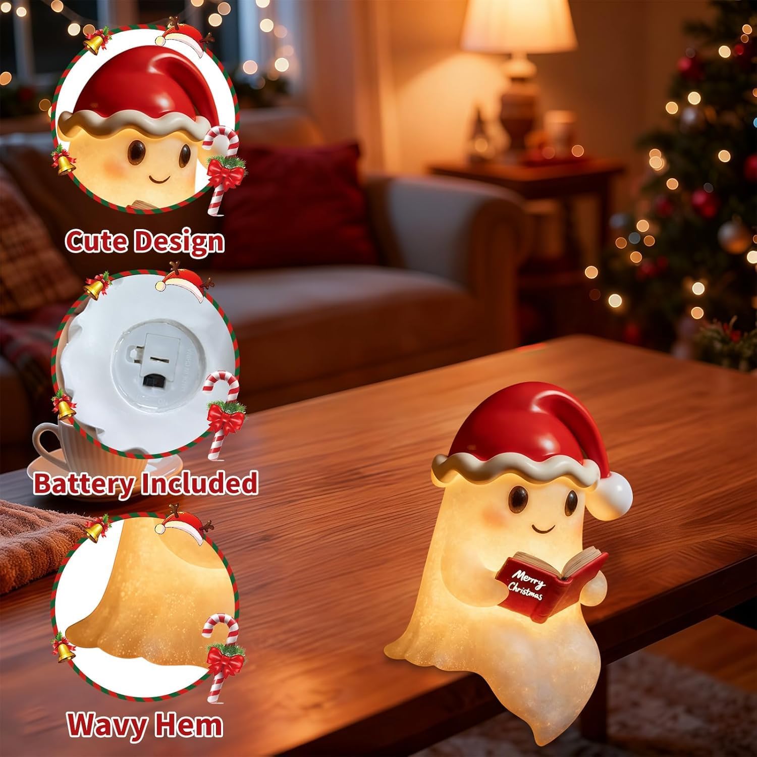 Christmas Ghost Reading Book Lamp, 5.5in Cute Ghost Night Light, Funny Ghost Figurine Statue Decor, Christmas Decoration for Gift Props Tabletop Bookshelf Living Room (Small)