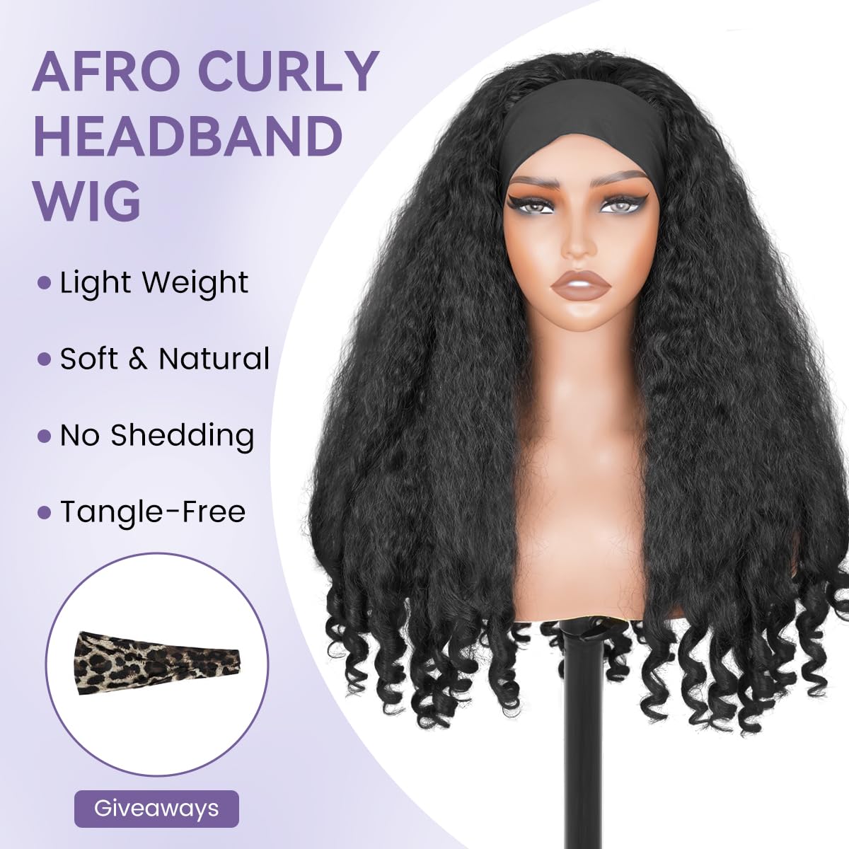 Afro Curly Headband Wig Synthetic Yaki Curly Half Wigs for Black Women Glueless Headband Wig with Bottom Bouncy Curls Blowout 4c Hair Style Natural Black 22 In