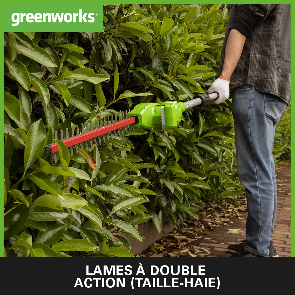 Greenworks G40PSHK2 Élagueuse et Taille Haie à Batterie sur Perche 2-en-1 avec Bandoulière, Guide Tronçonneuse 20 cm, Lames Double Action 51 cm, Batterie 40V 2Ah Chargeur, Garantie 3 Ans