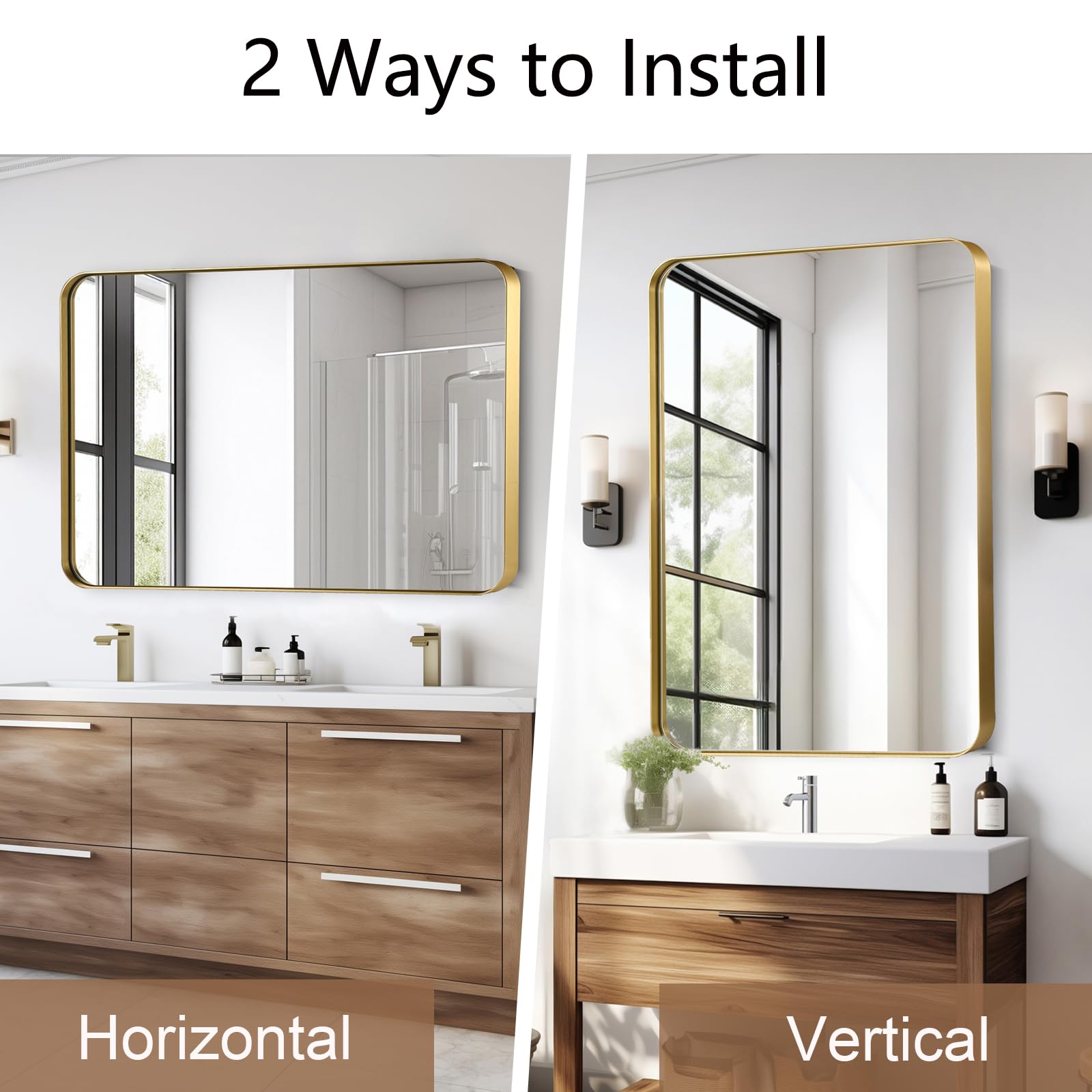 JENBELY 40x30 Inch Gold Bathroom Mirror, Brushed Metal Framed Rectangle Mirror with Rounded Corner, Gold Bathroom Vanity Mirror for Bedroom or Living Room, Horizontal/Vertical