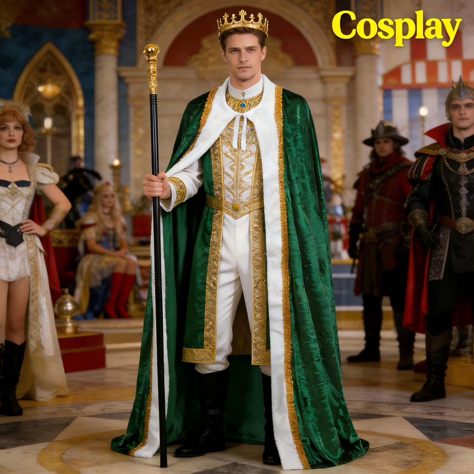 King Costume for Men and Women,Adult King Cape Robe Crown Scepter,Queen Costume,Lord Farquaad Costume,