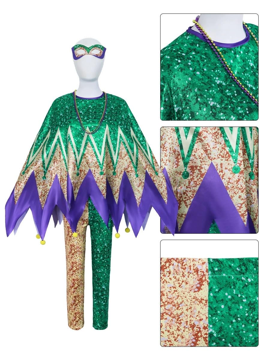Mardi Gras zestaw kostiumowy dla kobiet, cekinowa peleryna i spodnie z maską i koralikami, kostium karnawałowy, bal maskowy, fantazyjny strój