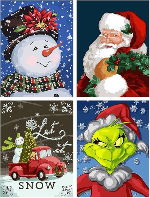 LWZAYS Christmas Paint by Numbers for Adult, Canvas Oil Painting Kit with Paintbrushes Acrylic Pigment Drawing Paintwork 12x16inch4 Pack Christmas