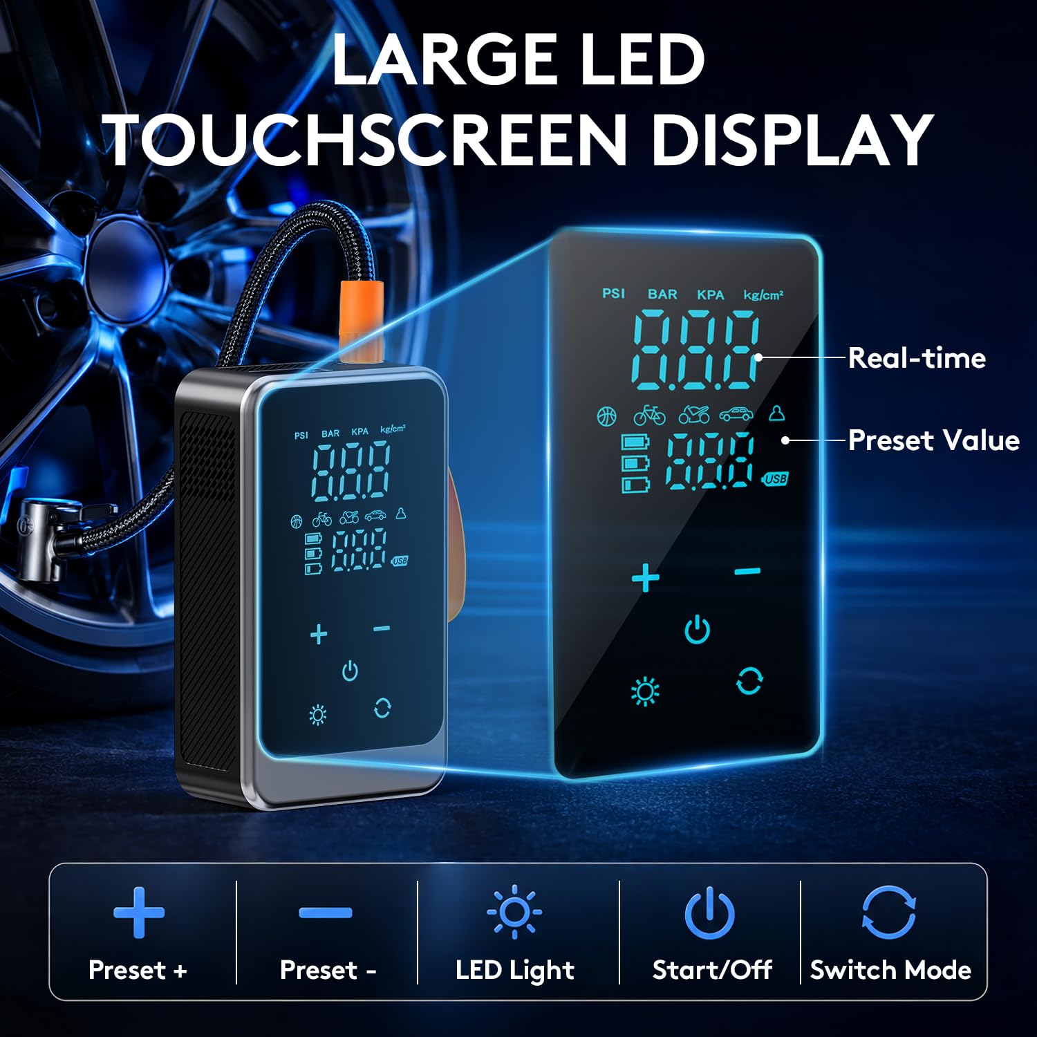 Pruk Compressore d'aria portatile senza fili, 150 psi, pompa digitale per pneumatici con batteria da 6000 mAh, luce di emergenza a LED, spegnimento automatico, pompa ad aria per auto, moto, bici