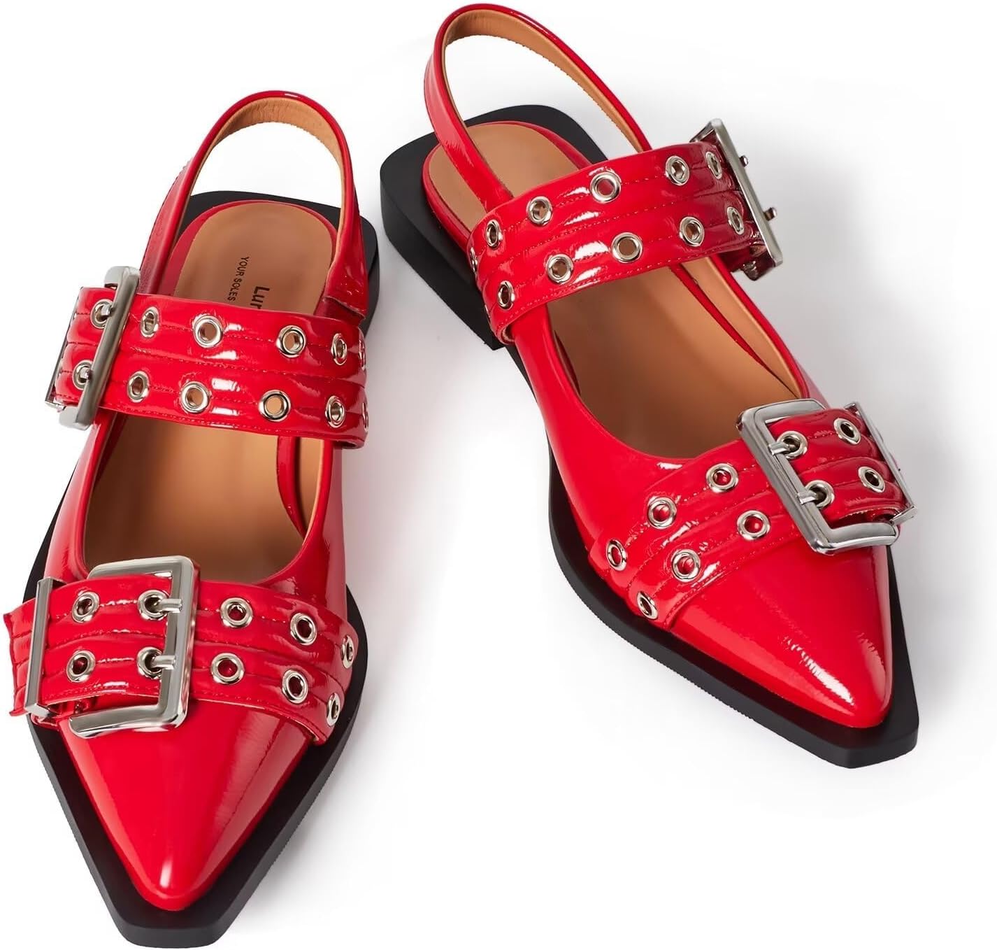 Lunhonk Slingback Flats for Women, Buckle Ballet Flats with Close Toe Pointed Toe Block Heel Dress Flat Shoes
