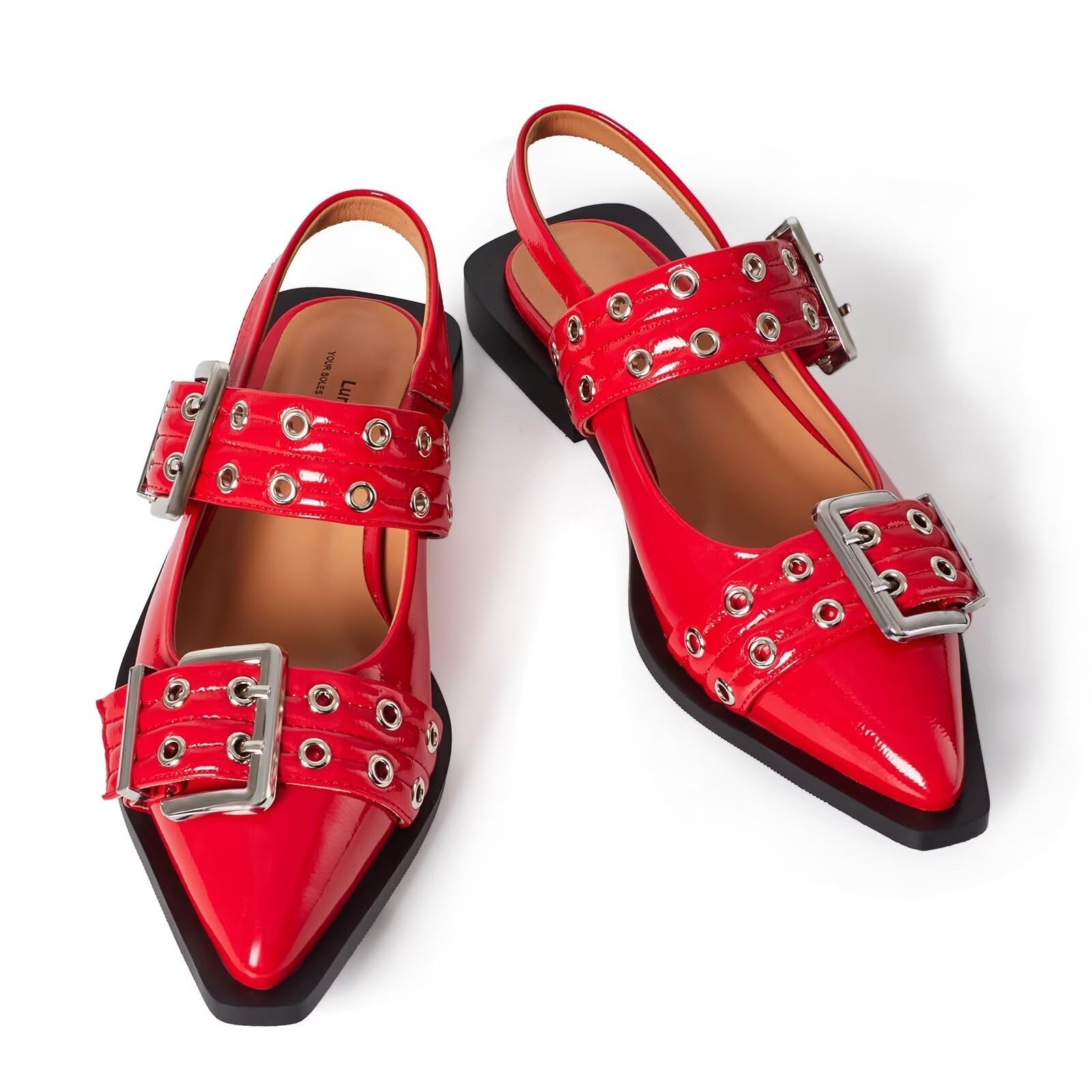 Slingback Flats for Women, Buckle Ballet Flats with Close Toe Pointed Toe Block Heel Dress Flat Shoes