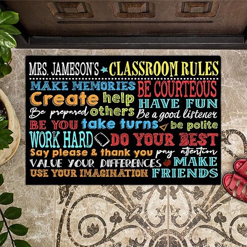 Miniatura 2 de Tapete personalizado con reglas del aula, tapete negro personalizado para puerta de entrada con nombre impreso en tapete de bienvenida duradero,
