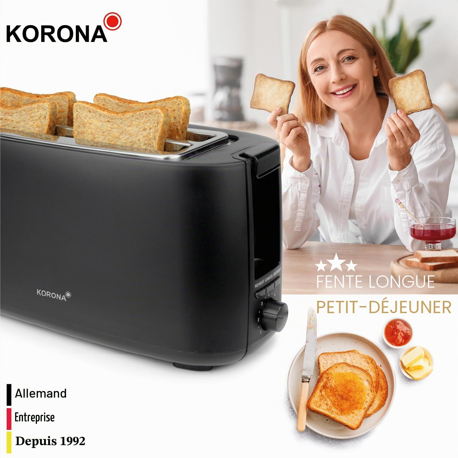 Korona 21060 Grille-pain 4 tranches | Fente | degré de torréfaction réglable | Dégivrage | Torréfaction | Échauffement | 1 400 watts | Accessoire chignon | Tiroir à miettes | Centrage de la tranche de