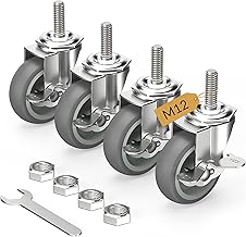 HOLKIE Swivel Castors 75 mm (3 Inch) with Brakes, Furniture Castors, Transport Castors, M12 x 1.75 x 30 mm (Shaft Diameter 12 mm, Shaft Length 30 mm), Heavy Duty Castors, Rubber Castors, Set of 4