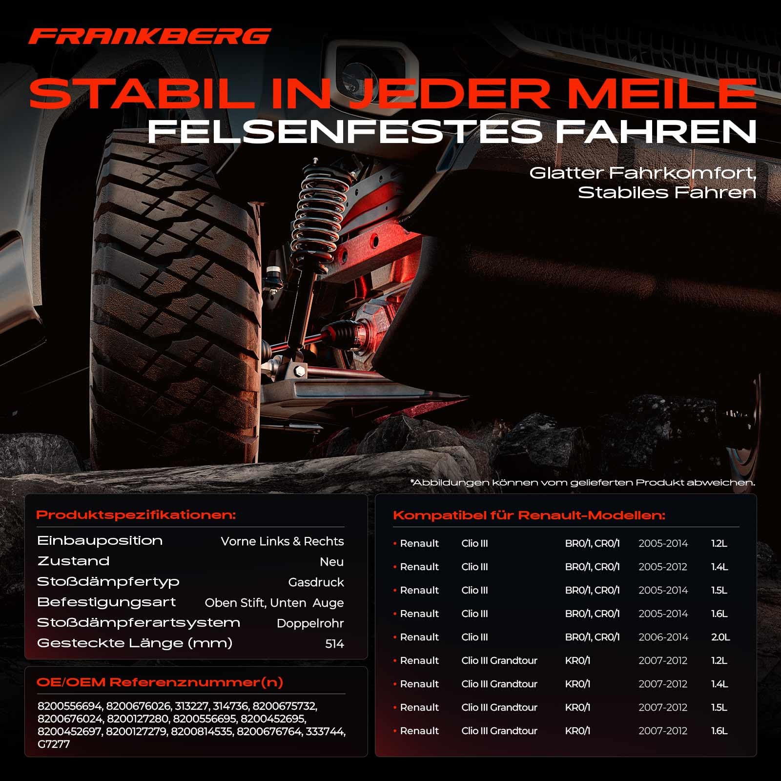 Frankberg 2x Stossdämpfer Stoßdämpfer Vorne Links Rechts 514mm Gasdruck Kompatibel mit Clio III BR0/1 CR0/1 Clio III Grandtour KR0/1 Replace# 8200676024