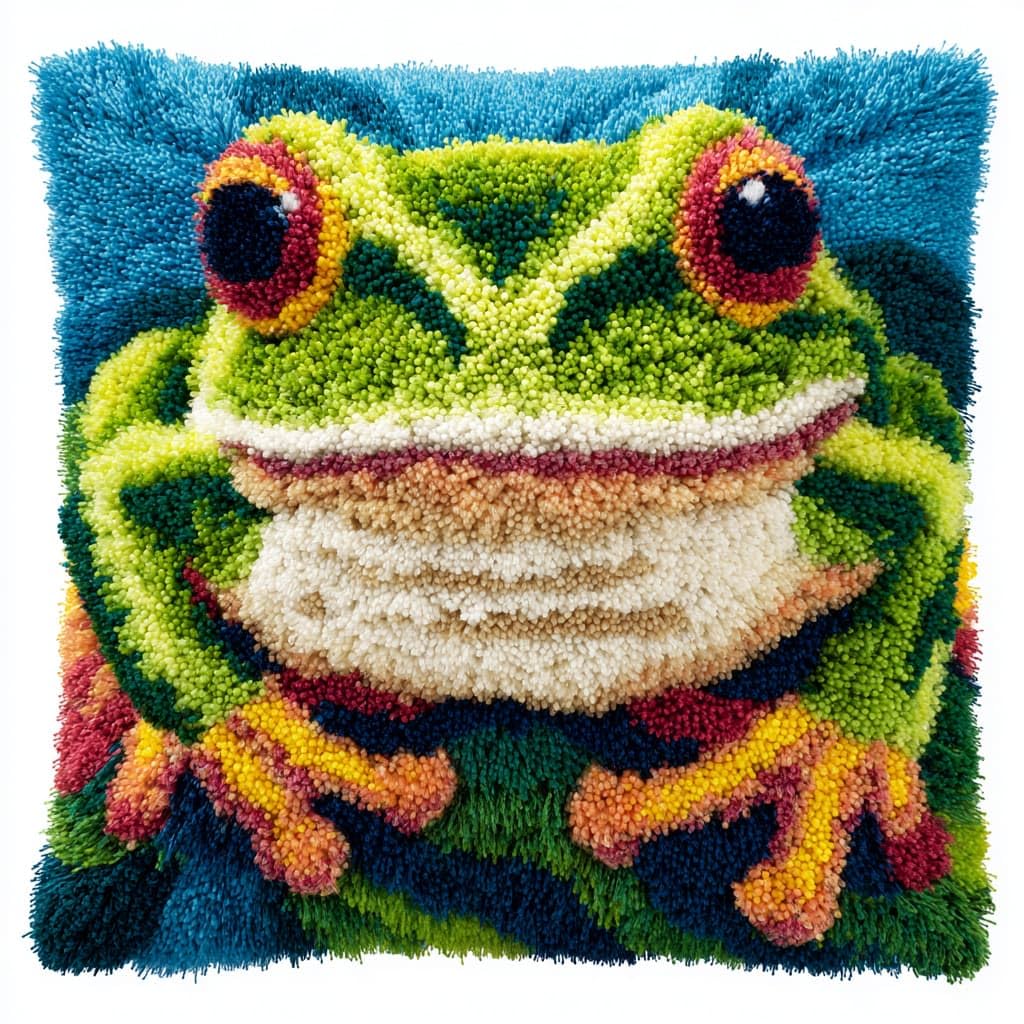 Taxpy Latch Hook Kits, Animal Frog Pillow Pre-Printed Patterns Pillowcase Needlework Crochet Yarns Latch Hooking Cushion for Sofa Decor 17x17inch