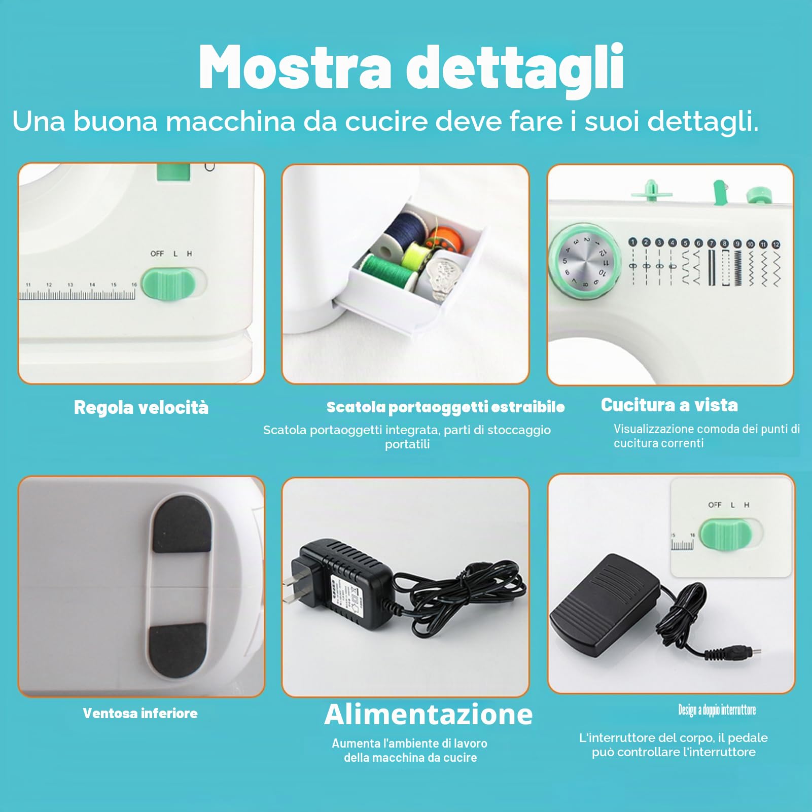 520 Macchina Da Cucire Portatile, Macchina Da Cucire Multifunzione Per Principianti E Professionisti, 12 Punti, Pedali, Accessori Per Cucire, Ideale Per Vestiti, Federe E Uso Domestico