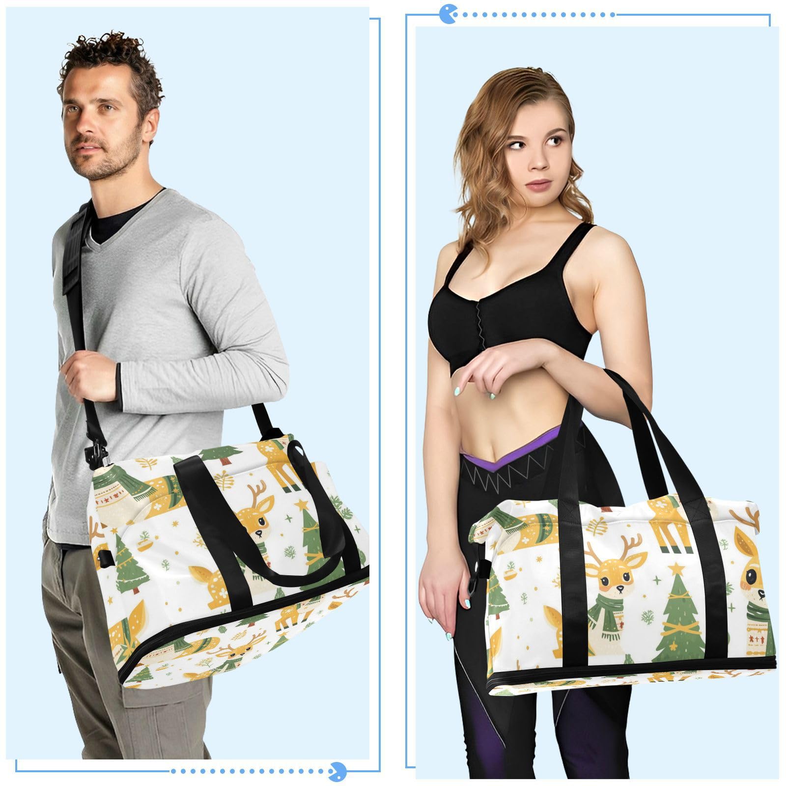 Deer Sac de voyage de nuit de style scandinave avec poche humide Sangle réglable Sac de sport pour voyage Multifonctionnel pour homme femme