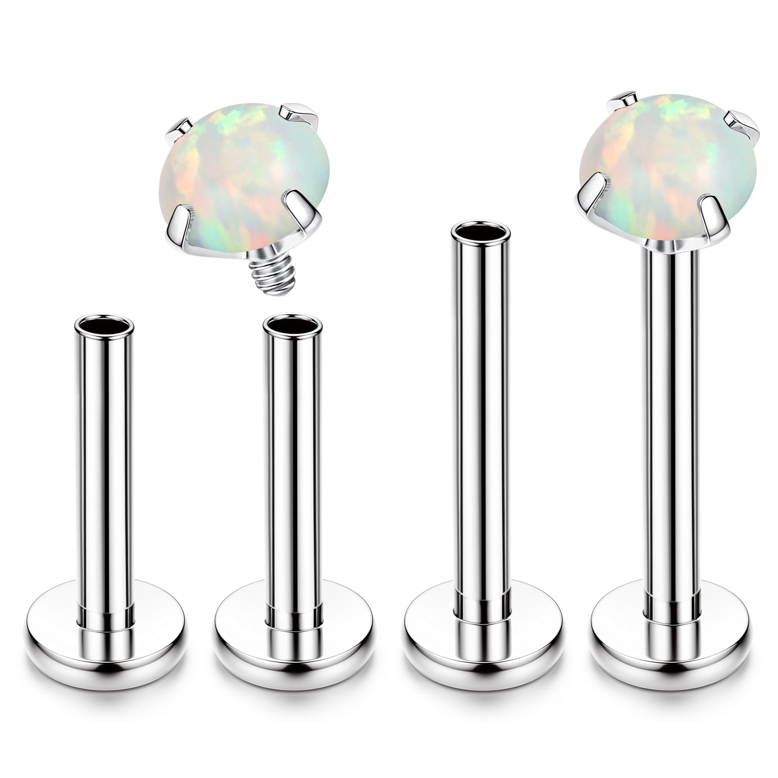 Adramata Titanio Piercing Labio Roscado Interno Piercing Tragus 16G/18G Piercing Helix, Pendientes Monroe Medusa Cartílago, Piercing Oreja para Mujeres Hombres CZ Ópalo Piercing Nariz Plata,4Pcs