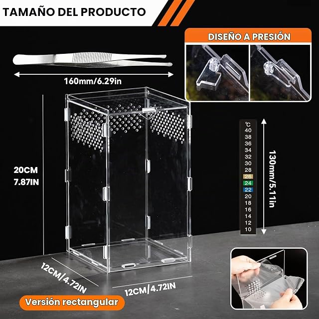 Foto 2 de 7 de QingWing Caja de Reptiles Acrílica, 20x12x12cm Terrario Acrílica con Pinzas