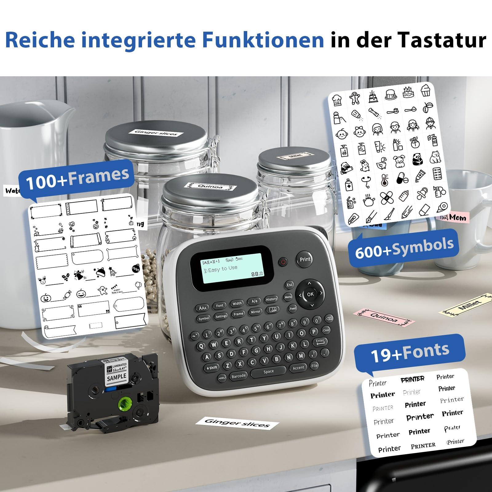 Etichettatrice con nastri, penna per etichette D210S con tastiera, etichettatrice portatile con nastro in lamina da 12 mm (0,47 pollici), laminata bianca, simboli multipli per casa, ufficio, scuola e