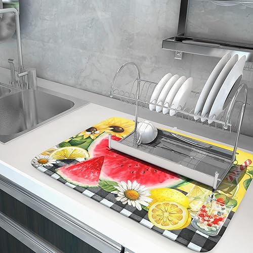 Miniatura 5 de Tapete de secado de platos, sandía, verano, fruta, abeja, flores, amarillo, absorbente, escurridor, estuche, resistente al calor, protector de