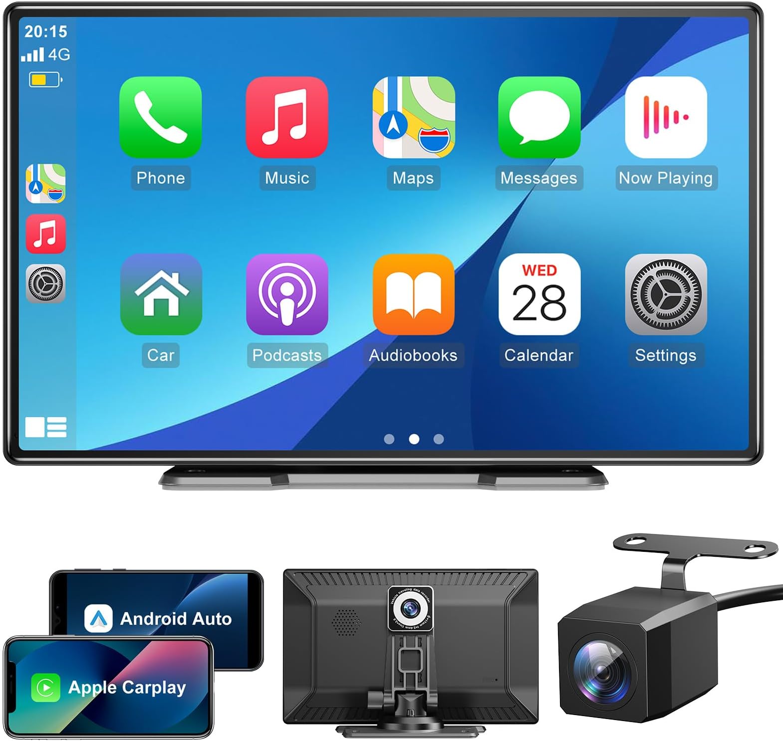 ESSGOOA-pple CarPlay & Android Auto,9 inch IPS Carplay Display,with 4K dashcam, 1080P Rear View Camera,carplay auto with Bluetooth 5.0/FM/Siri/G-oogle/Mirror Link/64G TF/AUX