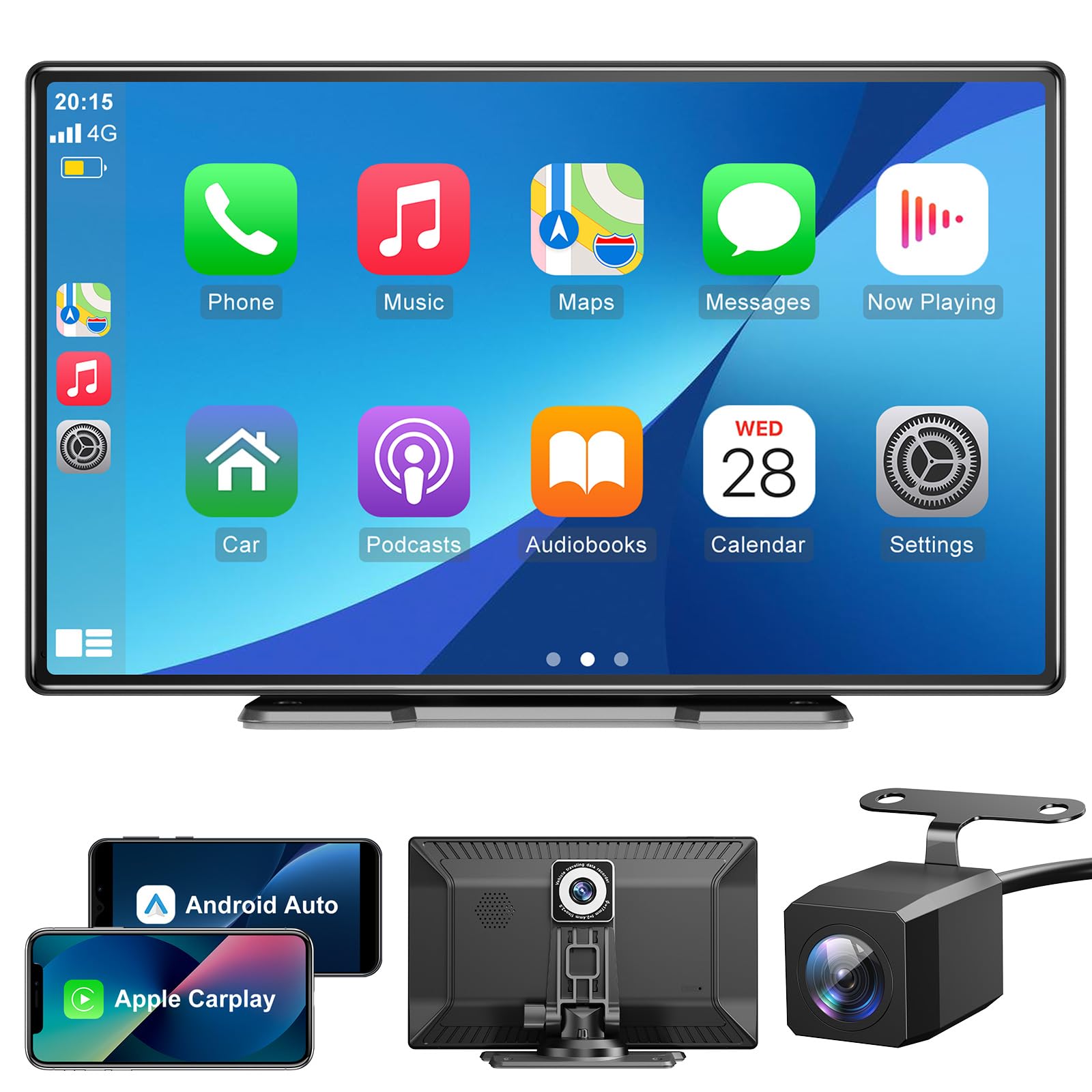 ESSGOO CarPlay Android Auto,schermo CarPlay IPS da 9 pollici per auto con Dash Cam anteriore 2.5K,telecamera di backup 1080P,CarPlay senza fili con Bluetooth 5.0/FM/Siri/G-oogle/Mirror Link/64G TF/AUX