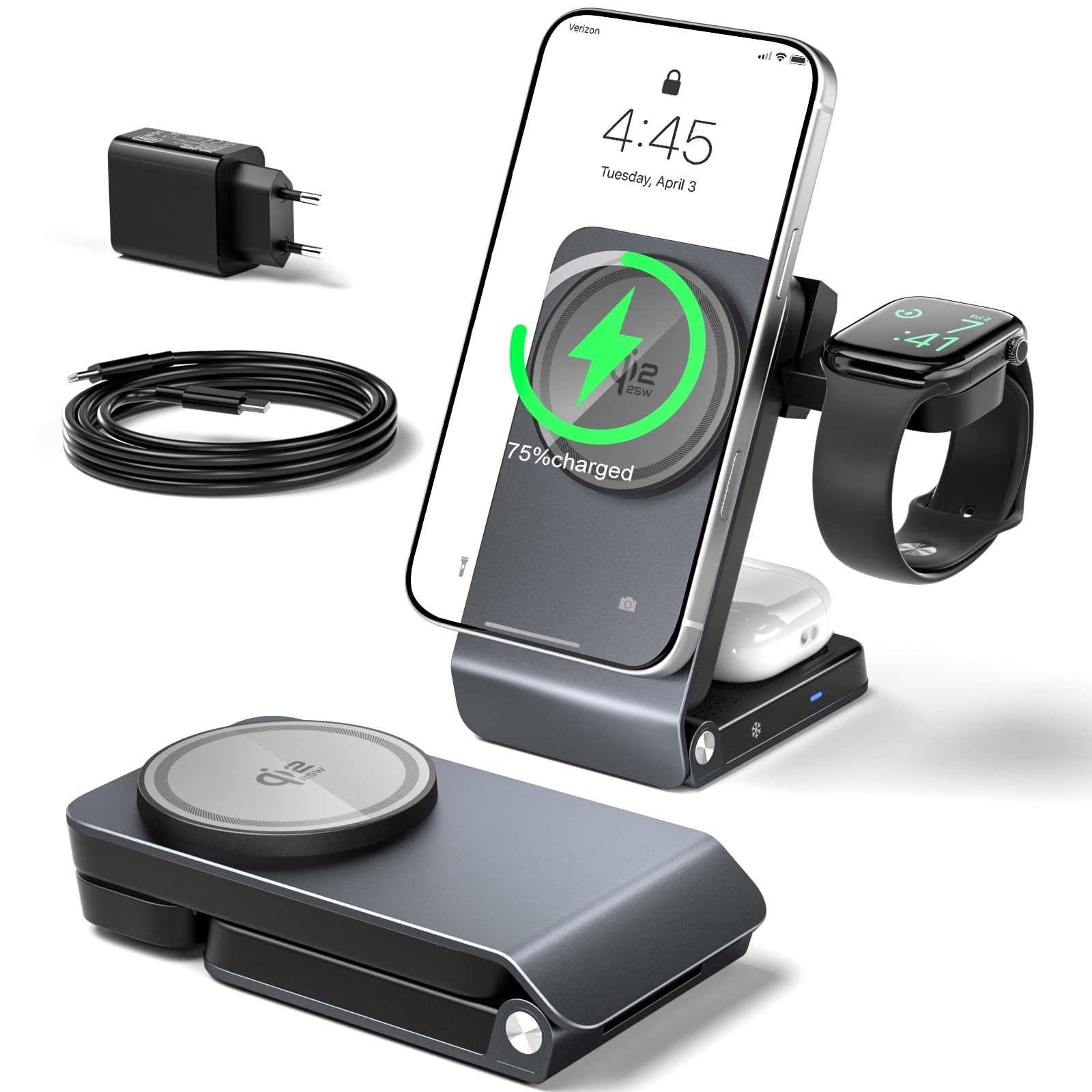 CloudValley 3 in 1 caricatore wireless per apple, Qi 2.2 25 W Ricarica rapida, compatibile con MagSafe, Robusto e durevole, Dissipazione attiva del calore, Portatile