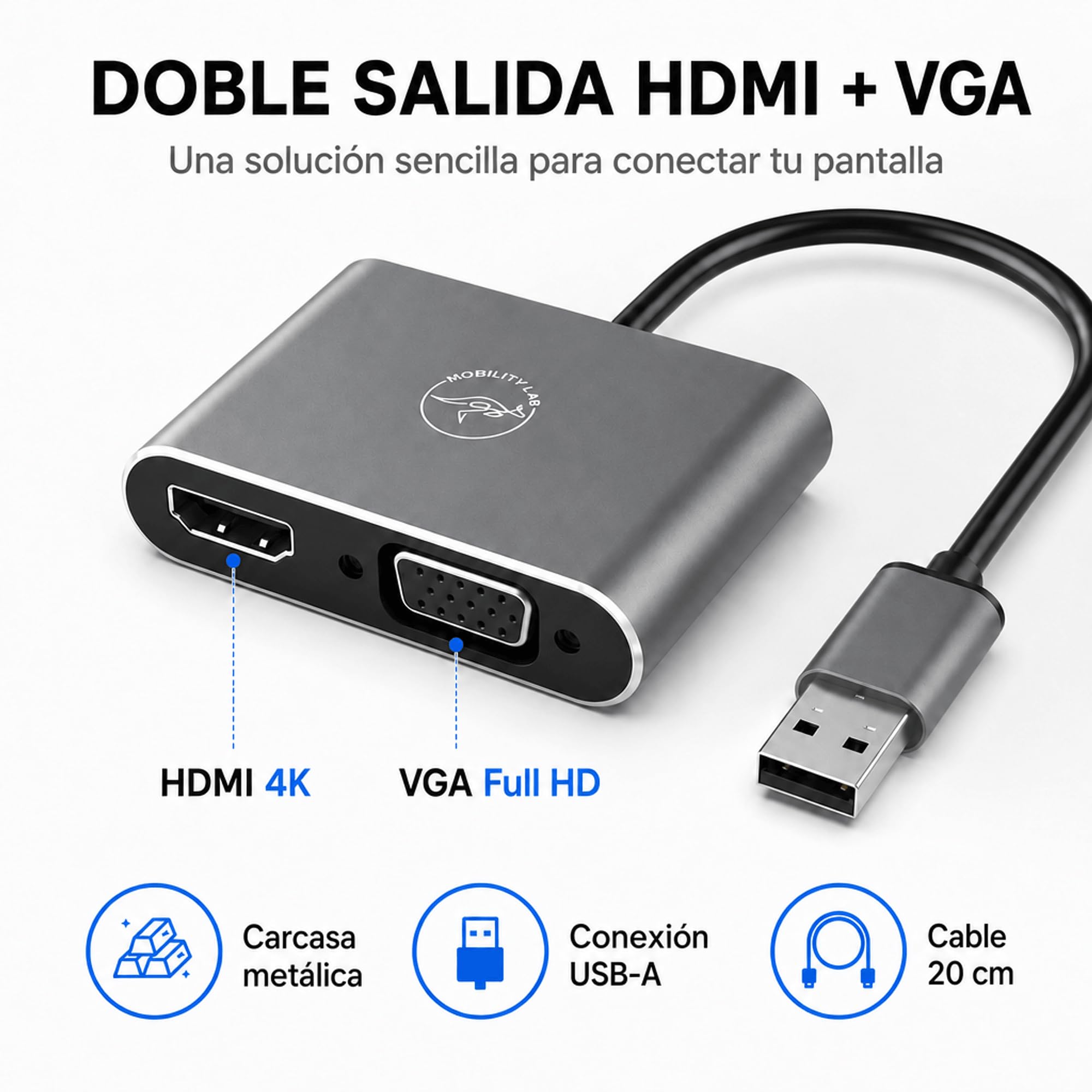 Mobility Lab Adaptador USB 3.0 a HDMI y VGA - Conexión de Alta Resolución 1920 x 1080p para macOS y - Ideal para Presentaciones, Juegos, Películas - Plug & Play - Sin Necesidad de Software