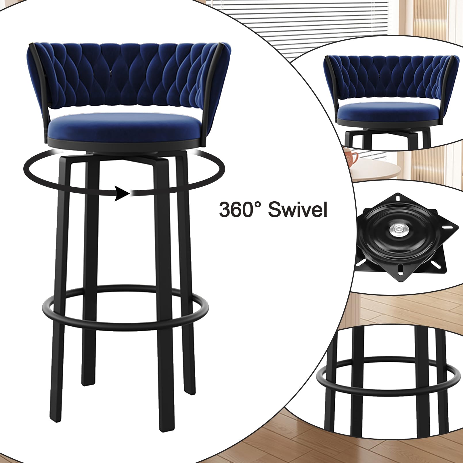Set di 2 sgabelli da bar rivestiti in velluto nero con schienale e poggiapiedi regolabili in altezza 62-82cm ML-Design