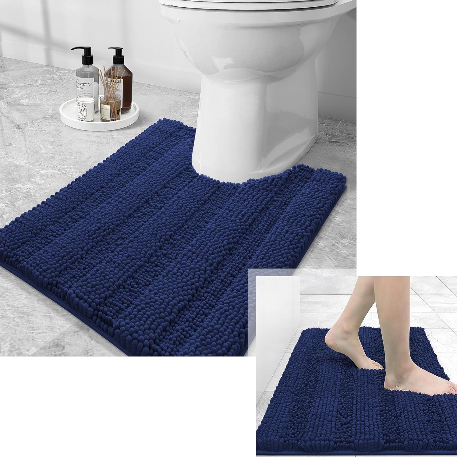 Grandaily Chenille Striped Bathroom Rugs and Toilet Rugs UShaped, Bath Rug Size