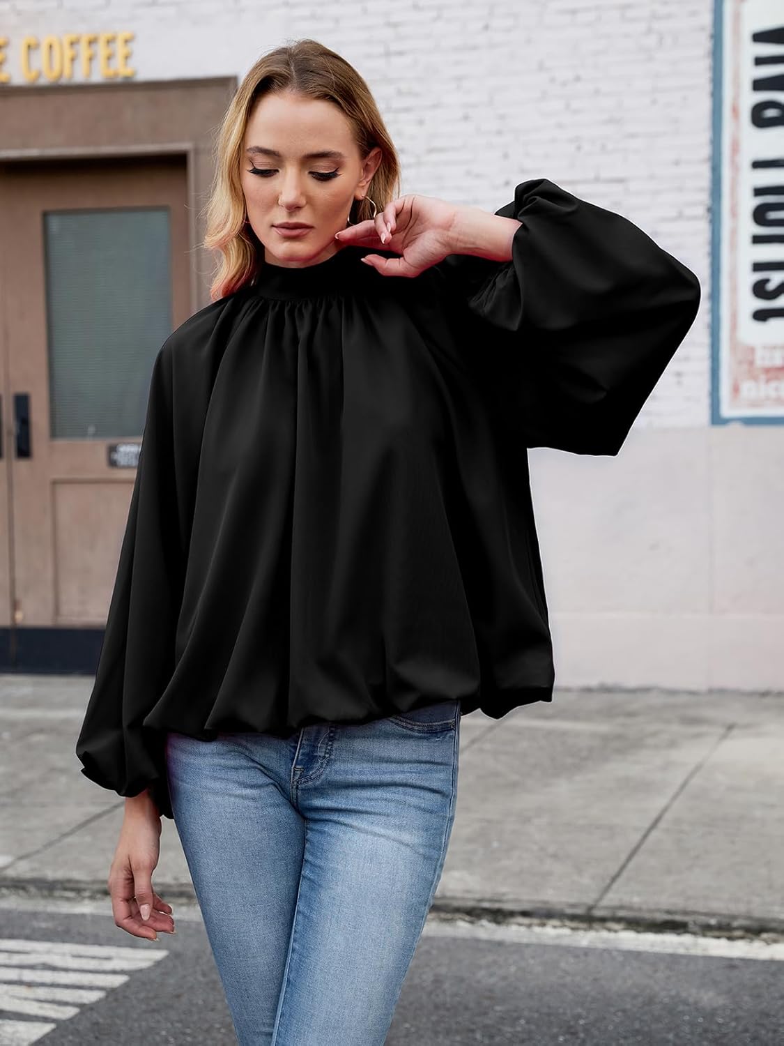 Womens Mock Neck Pleated Blouse Open Back Bow Tie Long Puff Sleeve Loose Fit Casual Shirt Cute Tops Fall - Image 3