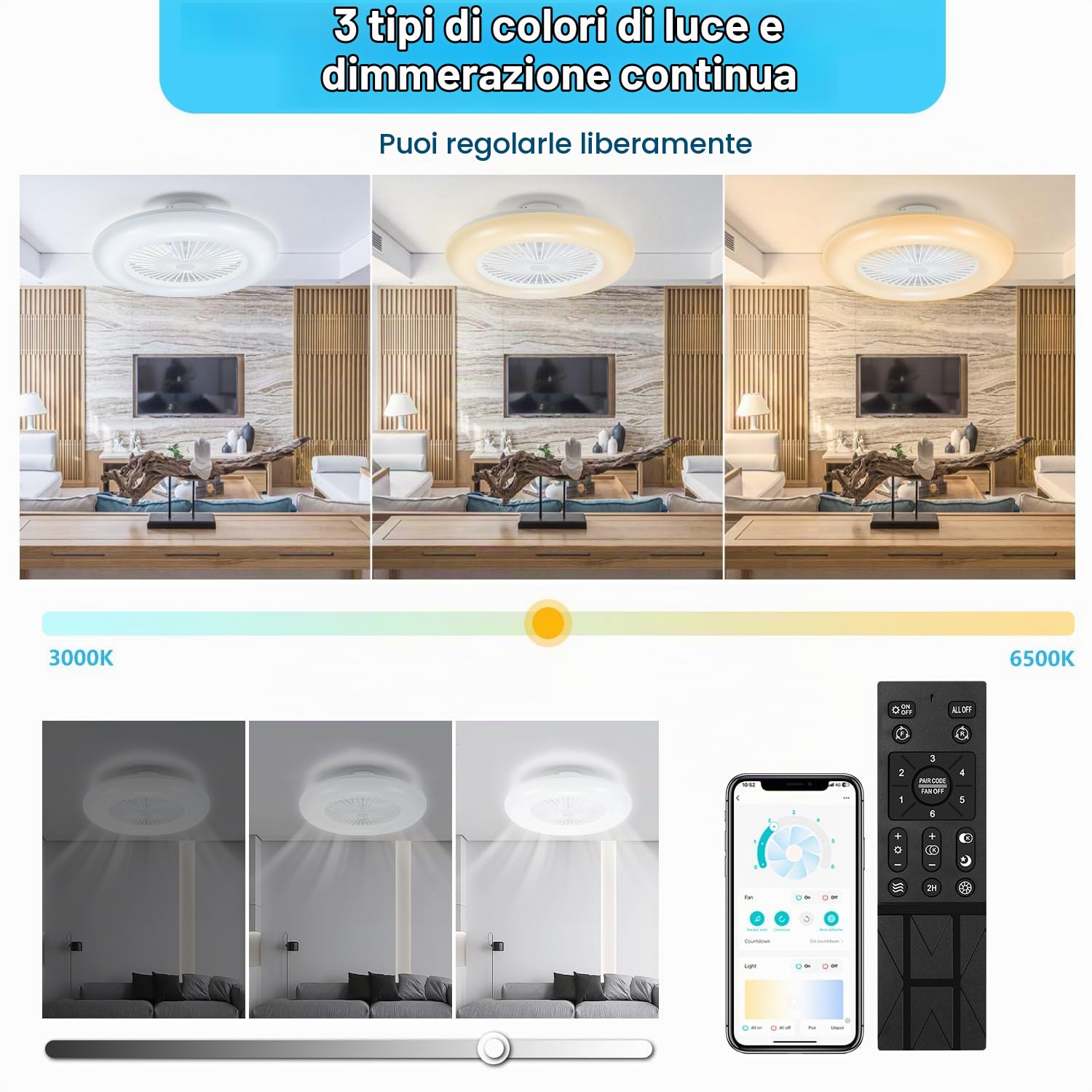 𝐅𝐨𝐠𝐦𝐢𝐞𝐚 Ventilatore da soffitto Fero con luce 80W, plafoniera a LED dimmerabile con ventilatore, 6 velocità, telecomando e app, modalità estate e inverno, 3000–6500K, Ø 55CM