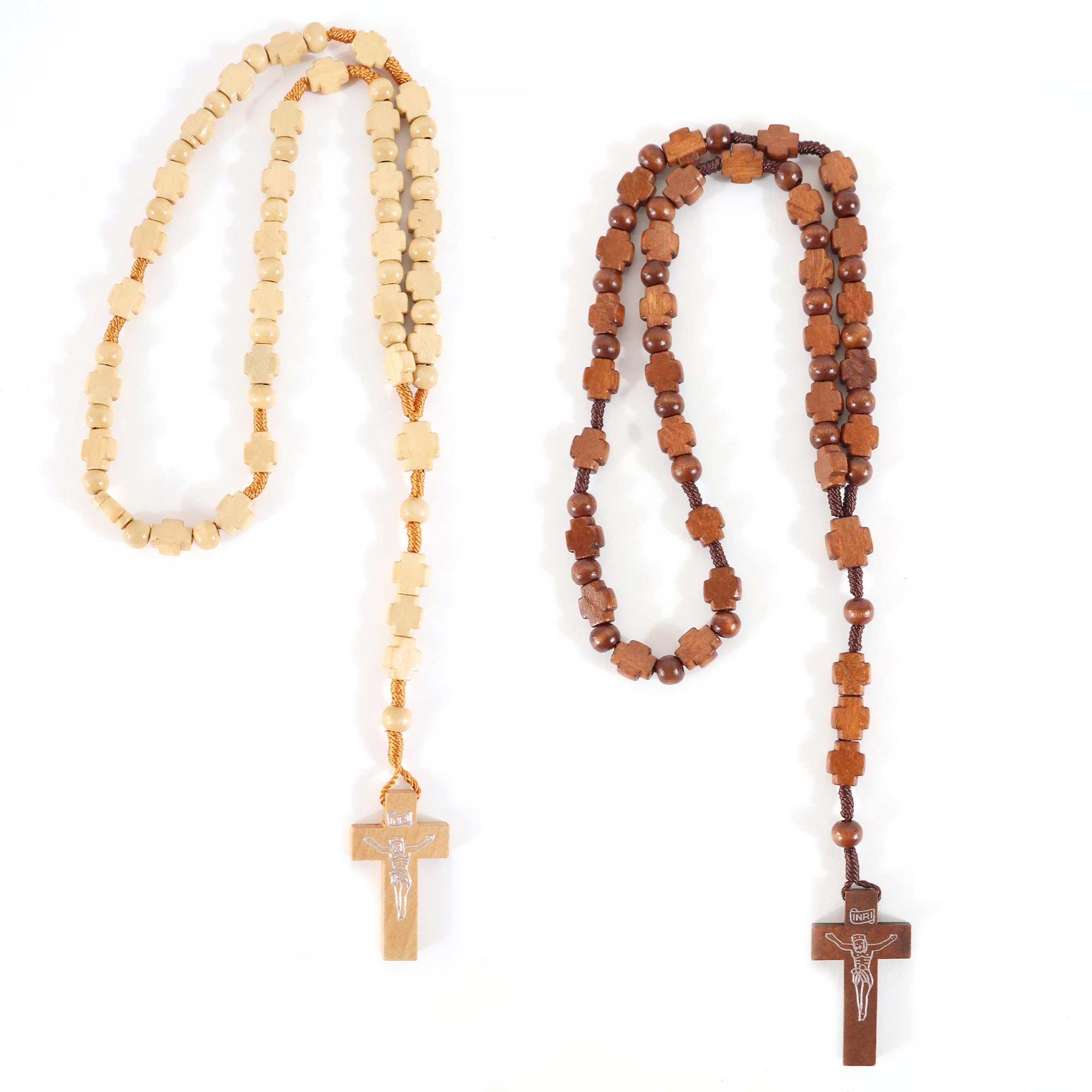 Rosario religioso de madera de olivo artesanal – Pack de 2 rosarios religiosos unisex para hombre y mujer – Cruz de madera clásica – Ideales como regalos bautizo para invitados y confirmación