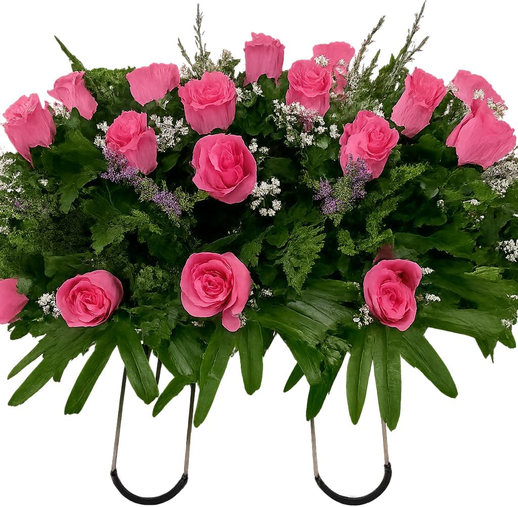 Pink Rose Spring Cemetery Flowers for Headstone and Grave Decoration-Pink Rose with Purple Accent Mix Saddle