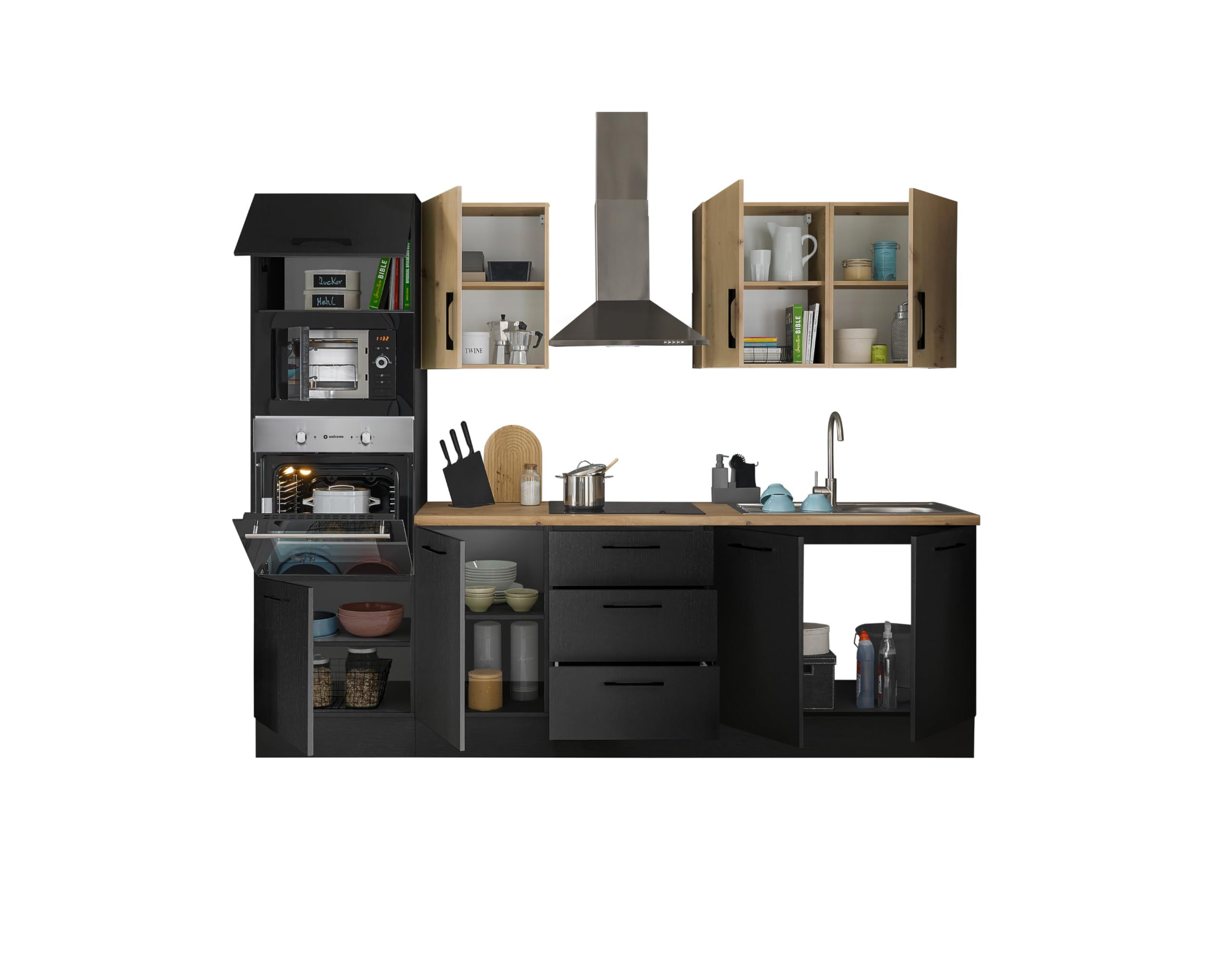 Stella Trading Turin ZBM Küchenzeile 270 x 211 x 60 cm, schwarz - Ohne Küchengeräte - Moderne, geräumige Küche in Artisan-Eiche Optik mit viel Stauraum