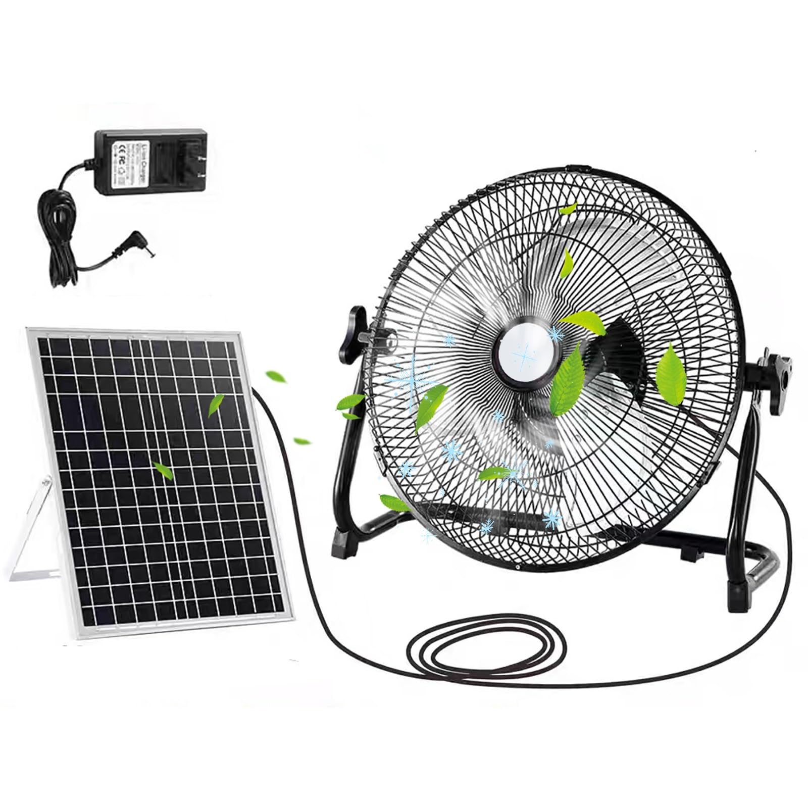 JKJZSALJ Floor Fan,14" Solar Powered Fan,15W Solar Panel Power Fans For Greenhouse Or Chicken Coop Air Circulation Cooling；Camping Fan,Ideal For Summer Cooling.,Black,14 in (36cm)