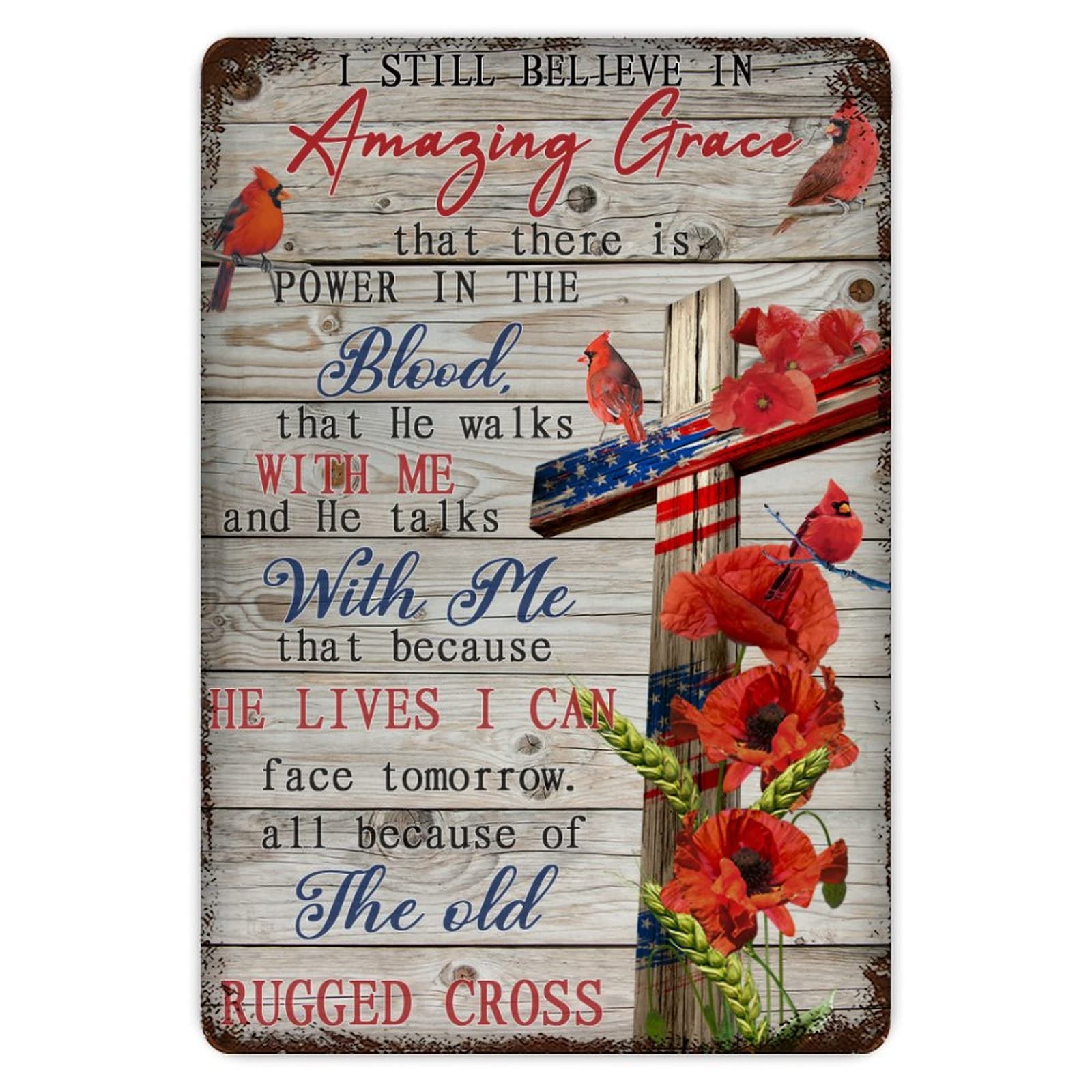 I Still Believe In Amazing Grace Cardinals Cross Christian Vintage Metal Tin Sign 8x12 inch Aluminum Sign for Kitchen Bars Restaurants Cafes Pubs Wall Decor