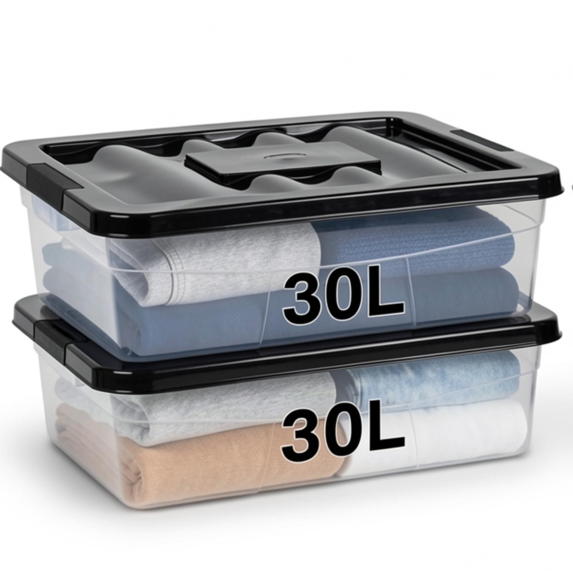 ALEEZ - 30L Clear Underbed Storage Box - Sleek Black Lid Stackable & Nestable Transparent Box - Dustproof Multi-Purpose Organizer for Clothes, Bedding, Shoes, Toys Organizer (2X)
