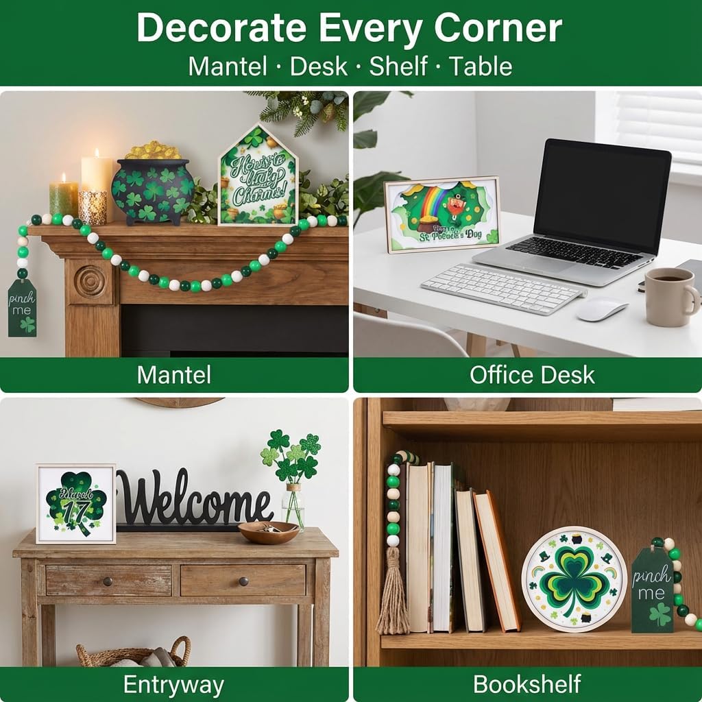 St. Patrick's Day Decorations | 6PCS St. Patrick's Day Tiered Tray Decor | Luck Shamrock Wooden Signs Irish Decor | Happy Saint Patrick’s Centerpiece for Home Table Shelf Party (White) - Image 5