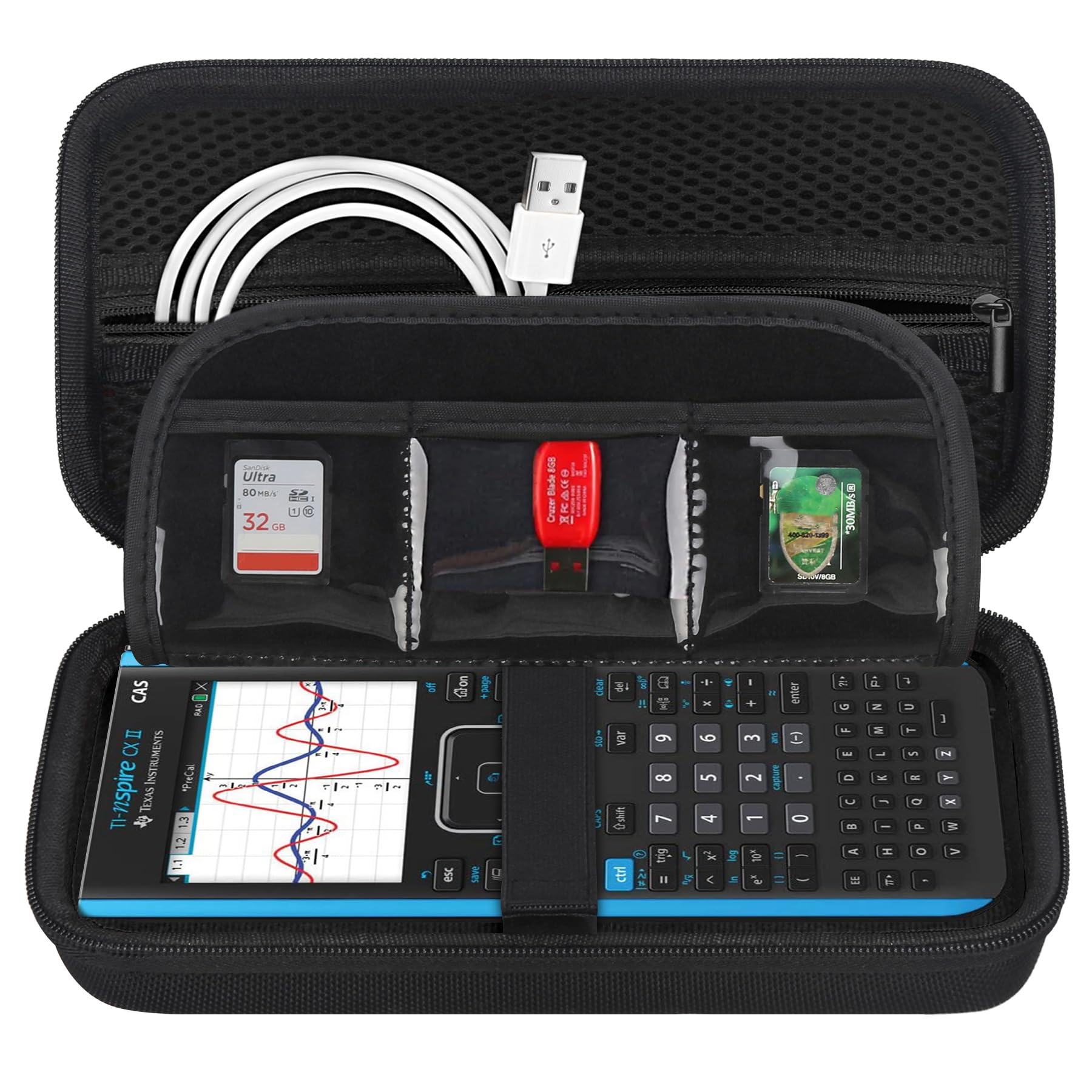 BOVKE Graphing Calculator Carrying Case Replacement for Texas Instruments TI-Nspire CX CAS/CX II CAS Color Graphing Calculator and More -Mesh Pocket for Cables and Accessories, Black + Inside Black