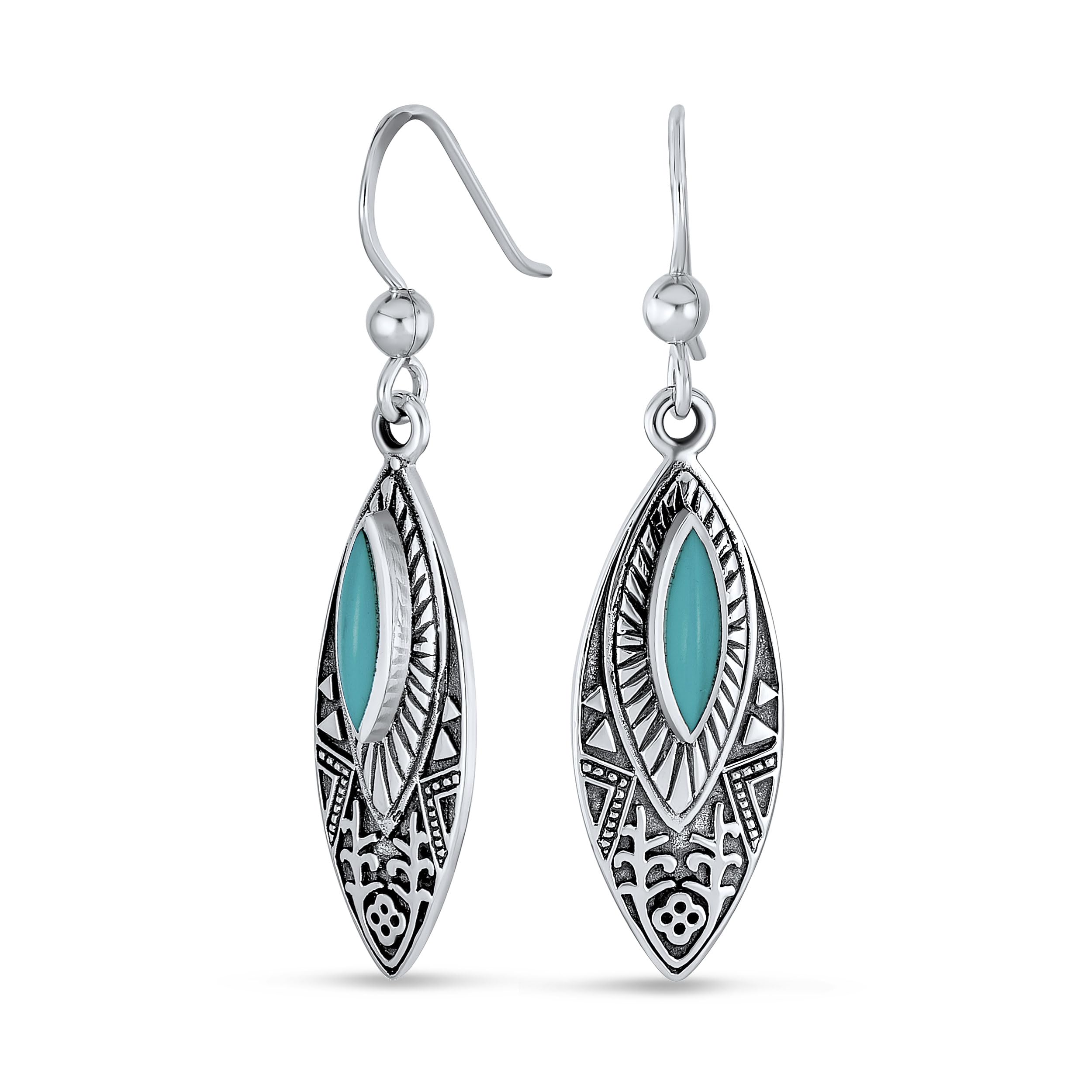 Pendientes Colgantes De Estilo Boho Nativo Americano Con Forma De Hoja De Plumas Y Piedra Preciosa Turquesa Azul En Forma De Marquesa Joyería Occidental Cierre De Palanca En Plata Oxidada De Ley .925