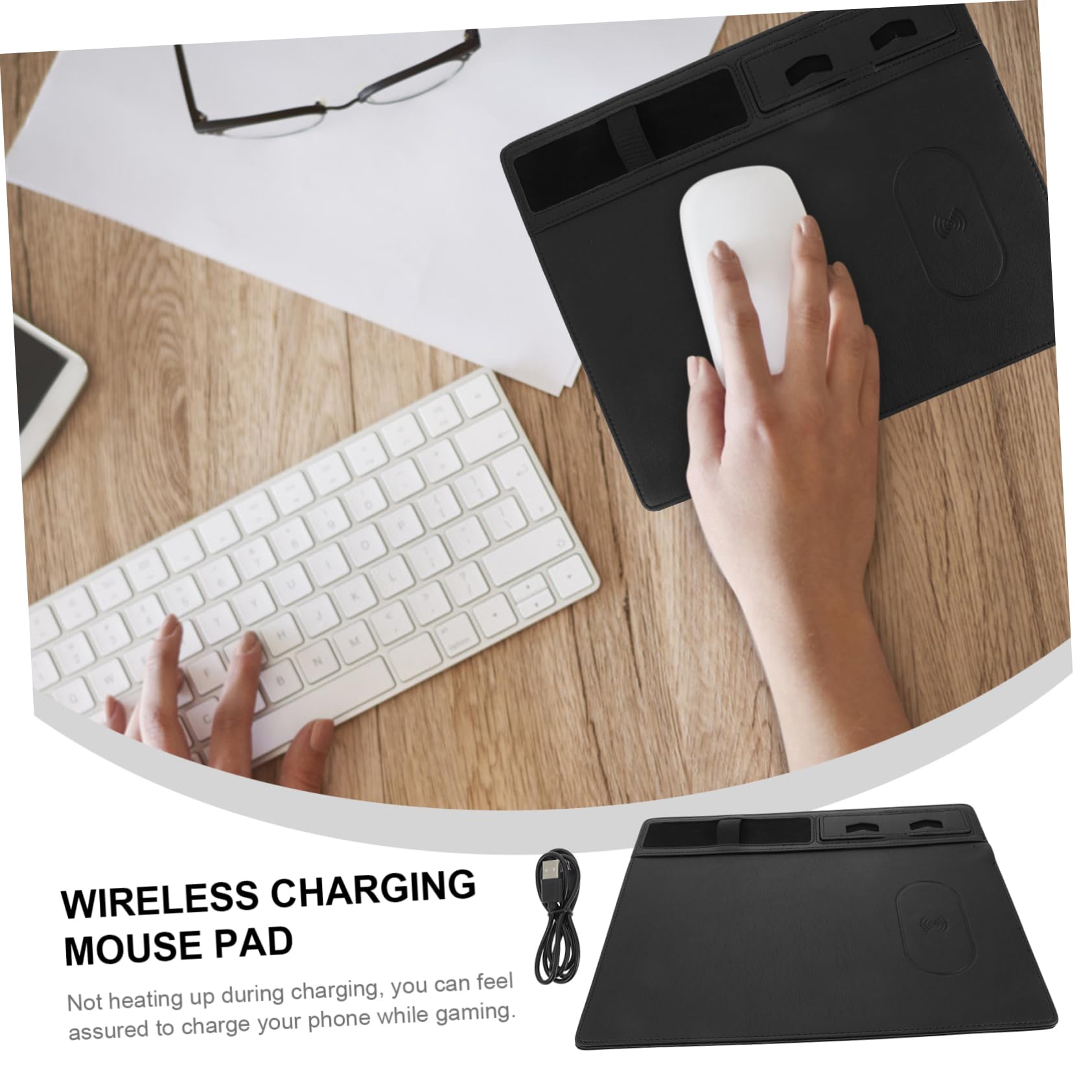 Operitacx Tappetino per Mouse Ricarica Wireless 15w in Pu Nero, Superficie Anti-schizzo, per Ufficio e Lavoro