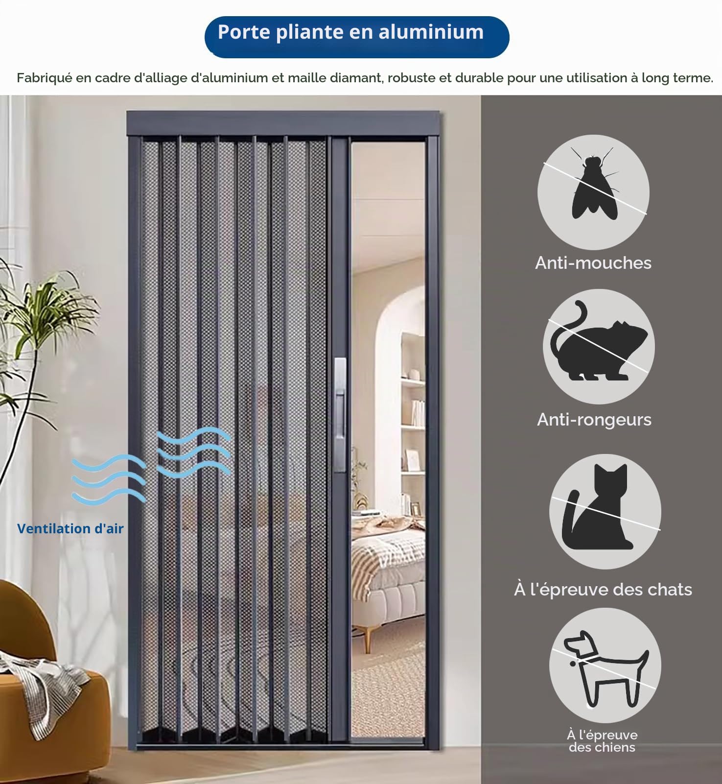 Porte Accordéon Interieur Porte Coulissante Pliable en Maille avec Serrure et Clé, Porte Pliante de Style Accordéon pour Extérieur / Intérieur, Porte Moustiquaire Rétractable Personnalisable Large et