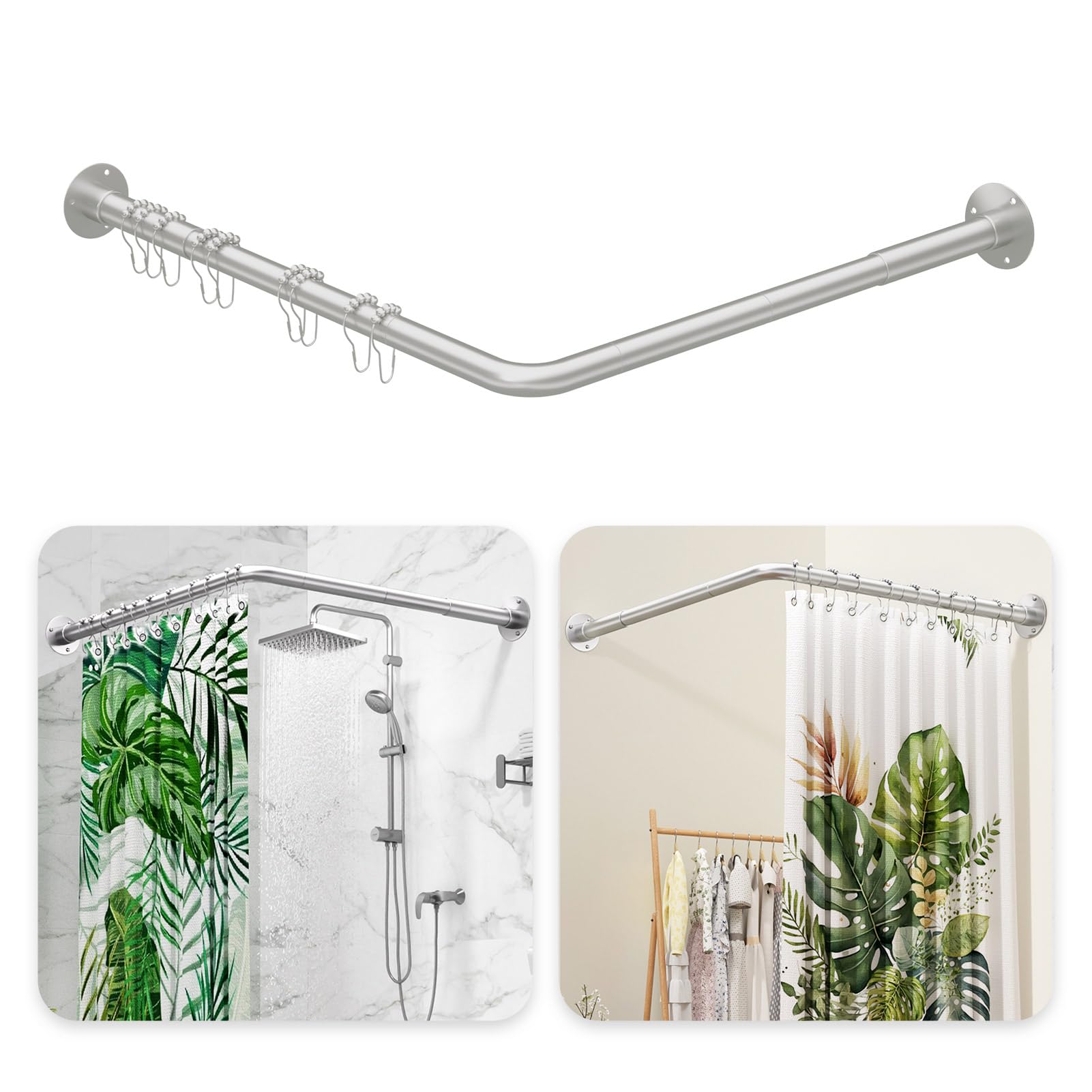 L Shaped Shower Curtain Rod, [23''-53''] x [23''-53''] Adjustable Corner Shower Curtain Rod, 90 Degree Shower Rod for Bathroom Bathtub, Clothing Store with 12 Ring Hooks & Ceiling Support Silver
