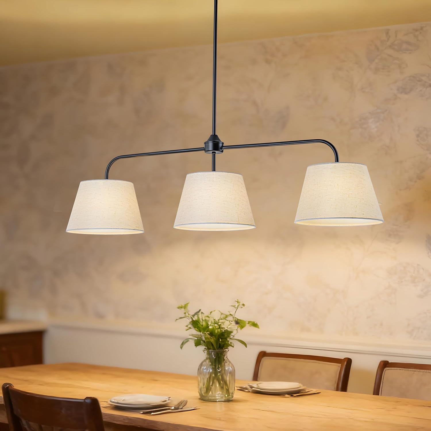 40" Linear Chandeliers for Dining Room with White Linen Drum Shade, 3-Light Modern Black Pendant Light Fixture, Large Linear Island Lights for Kitchen Living Room Over Table