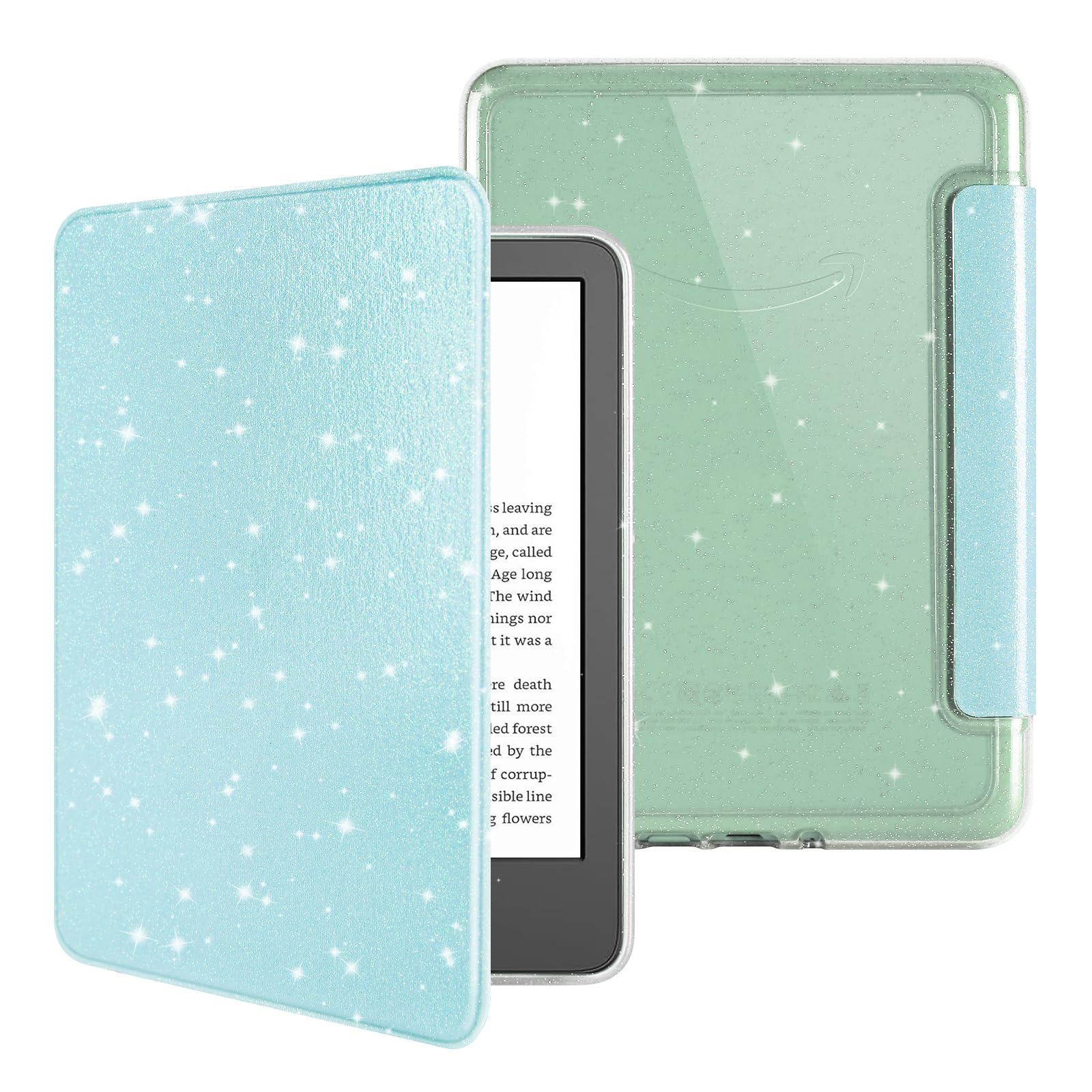 Custodia glitterata per Kindle da 6 pollici di 11a generazione 2024/2022, custodia in pelle PU leggera e guscio posteriore rigido trasparente, con funzione sleep/wake automatica, blu