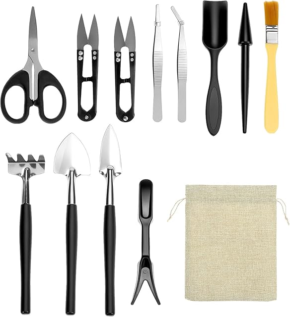 QWORK QWORK® 13 Stück Bonsai Werkzeug-Set mit Aufbewahrungsbeutel, für Zimmerpflanzen, Sukkulenten &amp; Mini-Gärten — Werkzeug-Sets